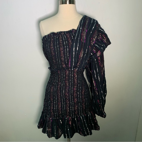 Farm Rio Lurex Stripes Mini Dress size L metallic thread festive - Picture 4 of 16